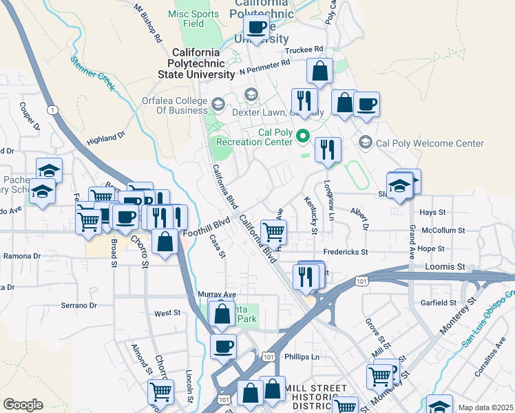 map of restaurants, bars, coffee shops, grocery stores, and more near 1239 Foothill Boulevard in San Luis Obispo