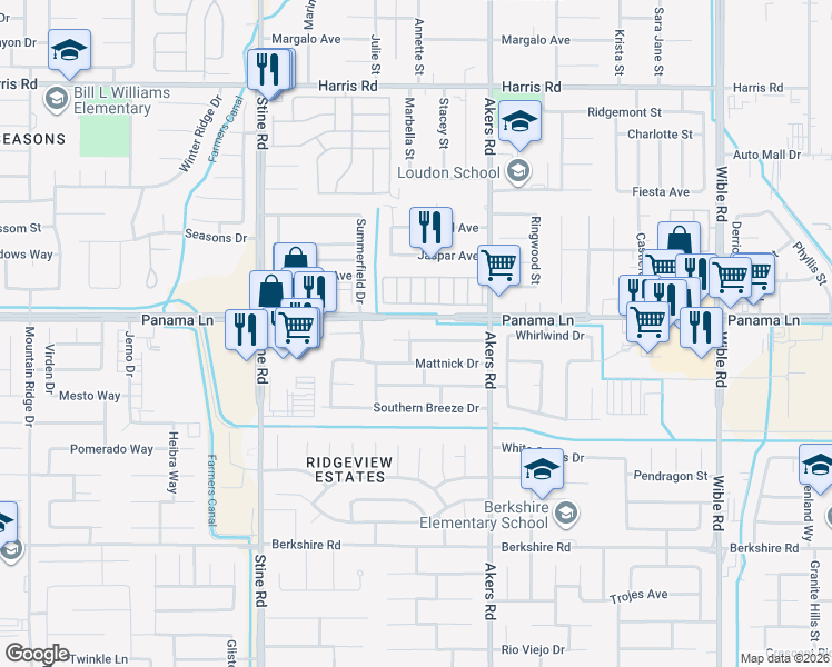 map of restaurants, bars, coffee shops, grocery stores, and more near 4301 Northwind Drive in Bakersfield