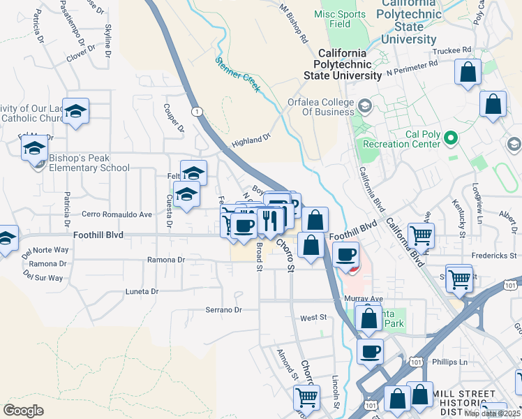 map of restaurants, bars, coffee shops, grocery stores, and more near 229 North Chorro Street in San Luis Obispo