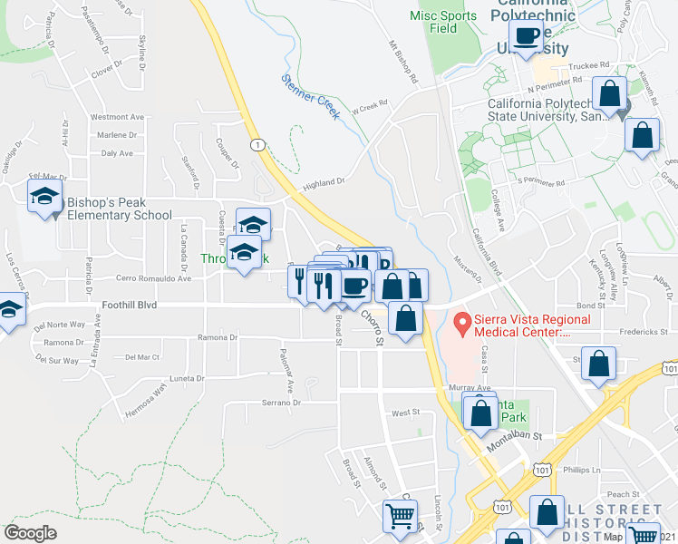 map of restaurants, bars, coffee shops, grocery stores, and more near 229 North Chorro Street in San Luis Obispo