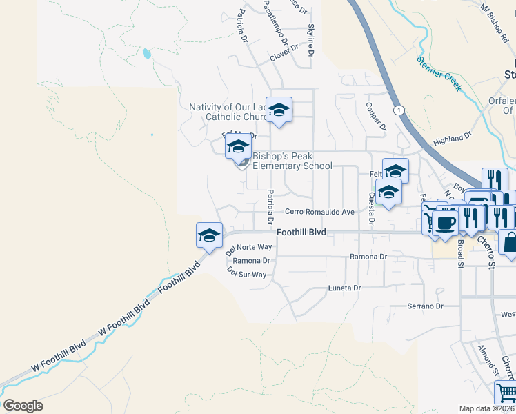 map of restaurants, bars, coffee shops, grocery stores, and more near 169 Cerro Romauldo Avenue in San Luis Obispo