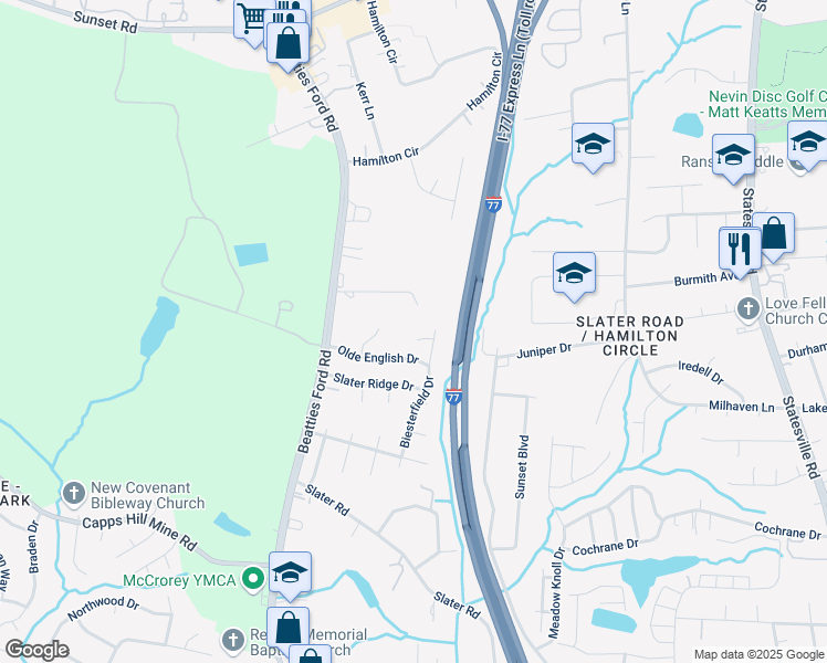 map of restaurants, bars, coffee shops, grocery stores, and more near 11110 Hunt Glenn Court in Charlotte