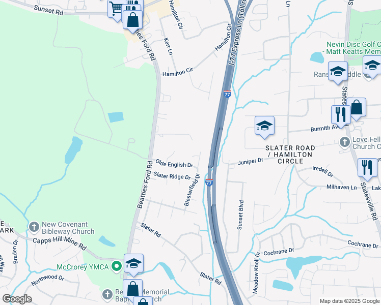 map of restaurants, bars, coffee shops, grocery stores, and more near 11110 Hunt Glenn Court in Charlotte