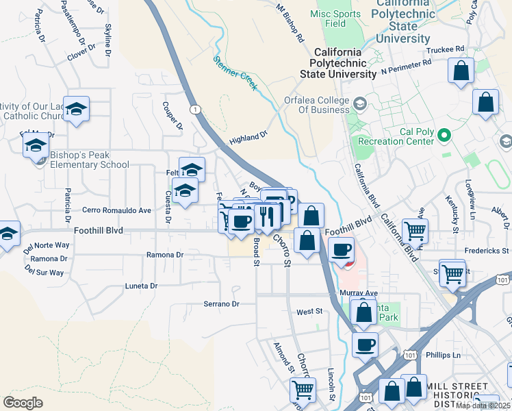 map of restaurants, bars, coffee shops, grocery stores, and more near 229 North Chorro Street in San Luis Obispo