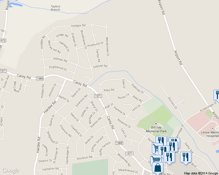 map of restaurants, bars, coffee shops, grocery stores, and more near 2204 Riley Road in Kinston