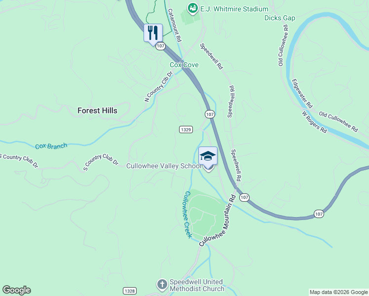 map of restaurants, bars, coffee shops, grocery stores, and more near 117 Shannon Road in Cullowhee