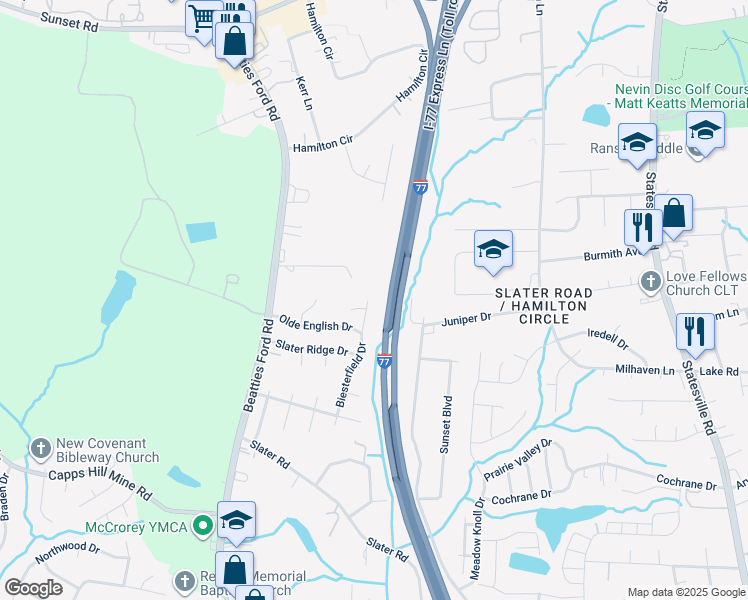 map of restaurants, bars, coffee shops, grocery stores, and more near 4710 Biesterfield Drive in Charlotte