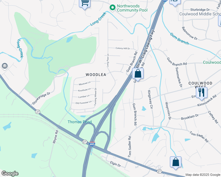 map of restaurants, bars, coffee shops, grocery stores, and more near 1720 Long Paw Lane in Charlotte