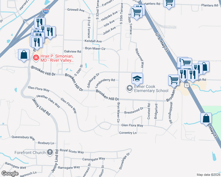 map of restaurants, bars, coffee shops, grocery stores, and more near 3405 Erin Oaks Court in Fort Smith