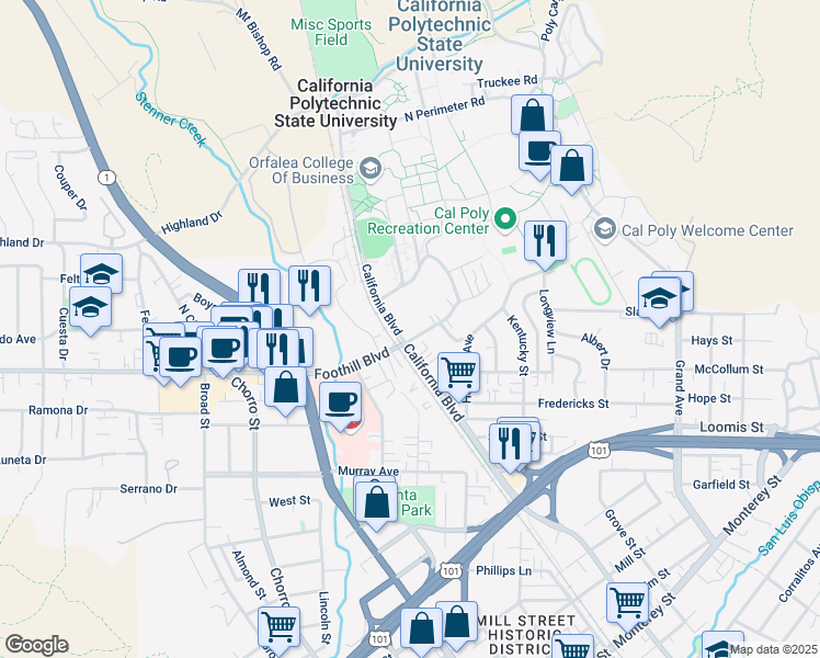 map of restaurants, bars, coffee shops, grocery stores, and more near 216 California Boulevard in San Luis Obispo