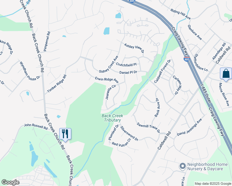 map of restaurants, bars, coffee shops, grocery stores, and more near 11341 Erwin Ridge Avenue in Charlotte