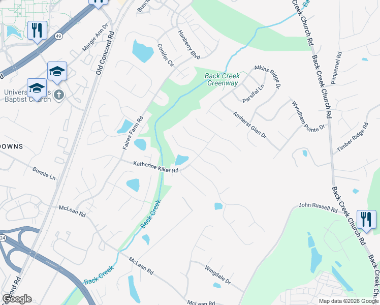 map of restaurants, bars, coffee shops, grocery stores, and more near 2301 Katherine Kiker Road in Charlotte