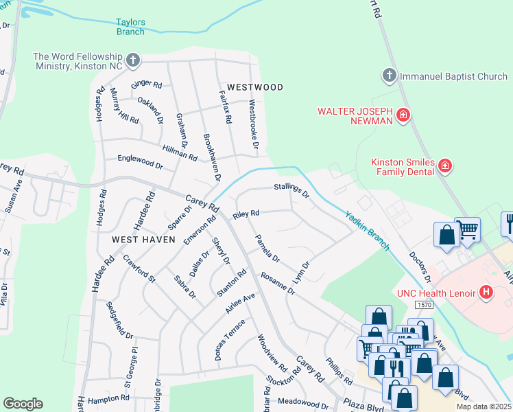 map of restaurants, bars, coffee shops, grocery stores, and more near 2204 Riley Road in Kinston