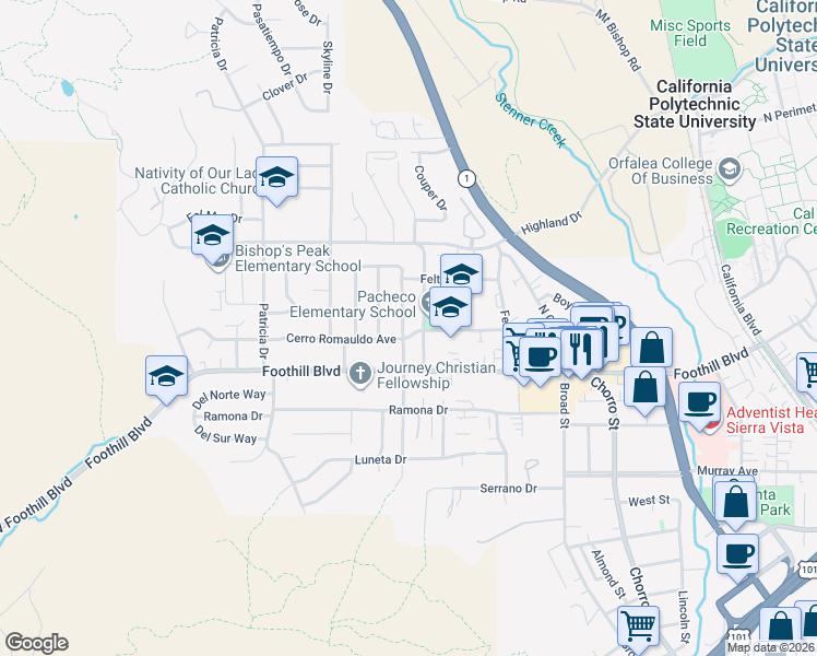 map of restaurants, bars, coffee shops, grocery stores, and more near 171 North Tassajara Drive in San Luis Obispo