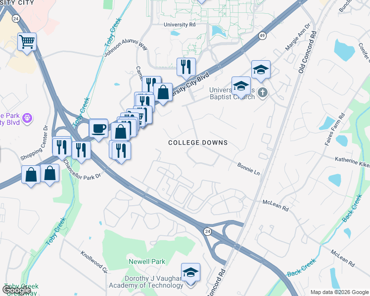 map of restaurants, bars, coffee shops, grocery stores, and more near 9135 Robert Frost Lane in Charlotte