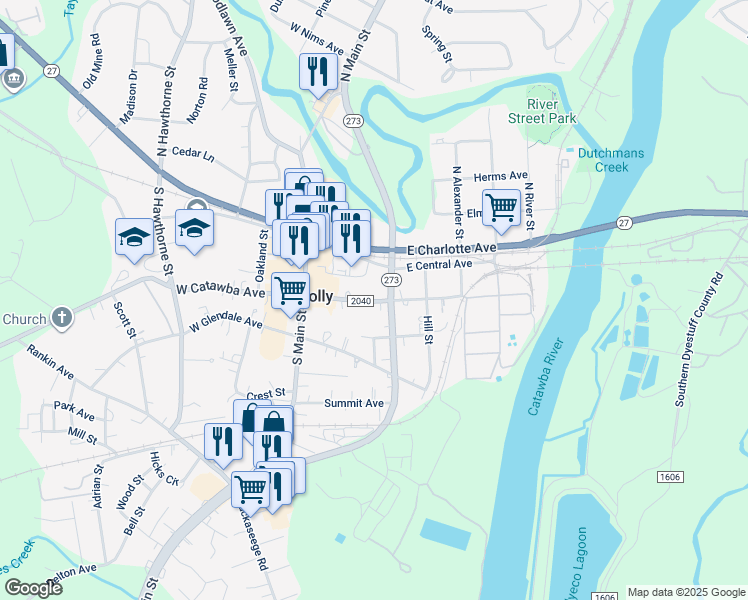 map of restaurants, bars, coffee shops, grocery stores, and more near 210 East Catawba Avenue in Mount Holly