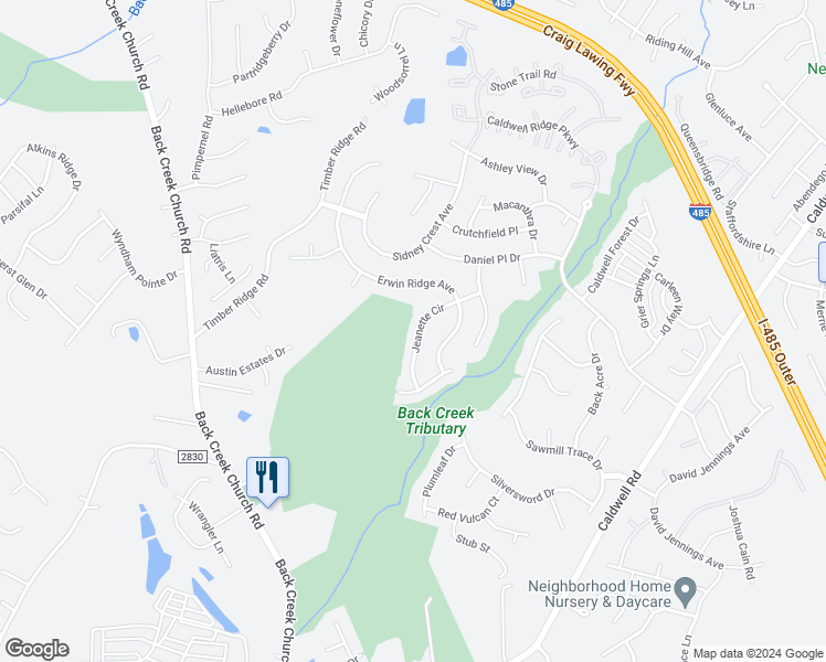 map of restaurants, bars, coffee shops, grocery stores, and more near 9903 Jeanette Circle in Charlotte