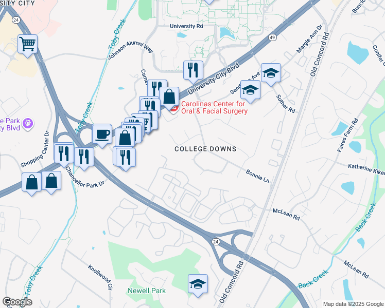 map of restaurants, bars, coffee shops, grocery stores, and more near 9135 Robert Frost Lane in Charlotte