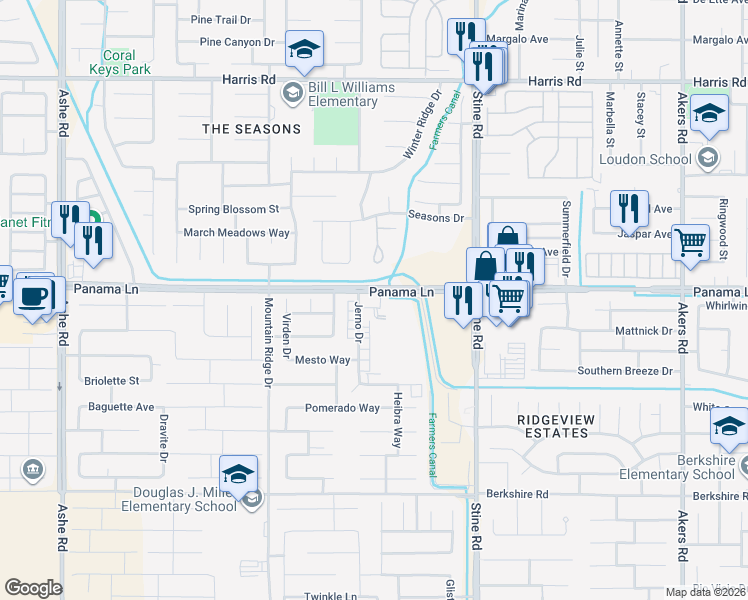 map of restaurants, bars, coffee shops, grocery stores, and more near 6600 Jerno Drive in Bakersfield