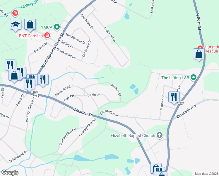 map of restaurants, bars, coffee shops, grocery stores, and more near 215 Birdie Lane in Shelby