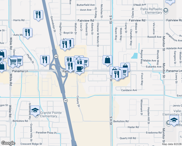 map of restaurants, bars, coffee shops, grocery stores, and more near 6508 Sky View Drive in Bakersfield