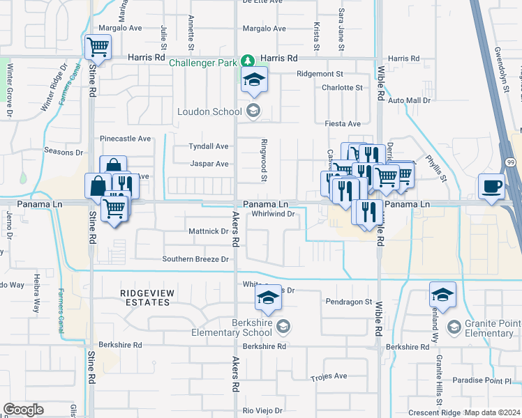 map of restaurants, bars, coffee shops, grocery stores, and more near 3910 Whirlwind Drive in Bakersfield