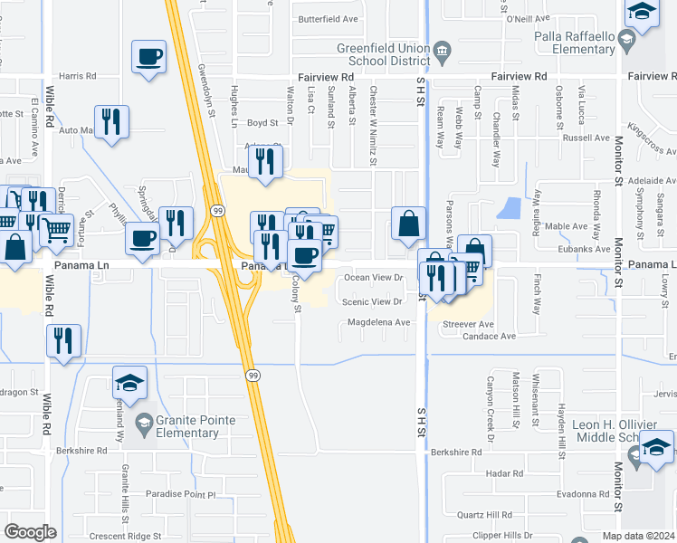 map of restaurants, bars, coffee shops, grocery stores, and more near 2016 Ocean View Drive in Bakersfield