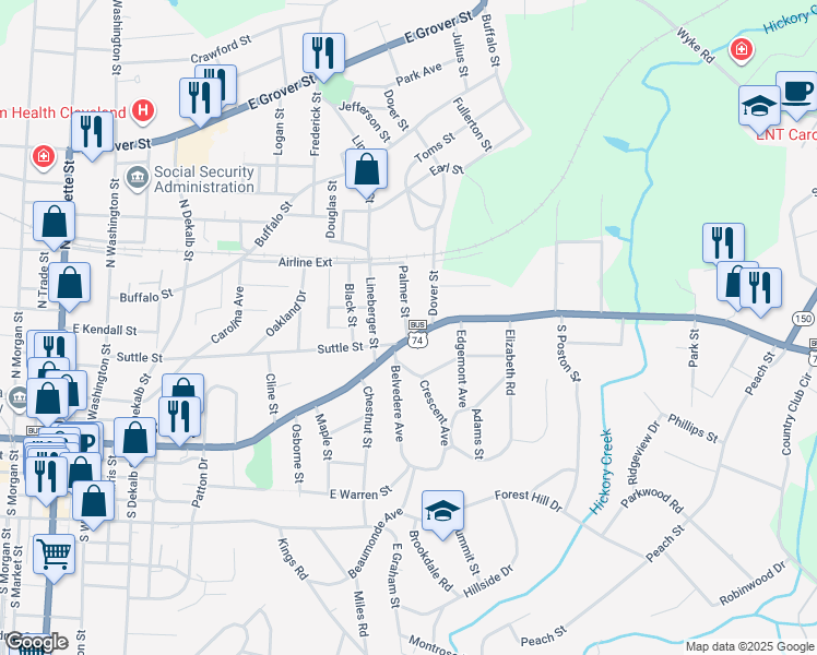 map of restaurants, bars, coffee shops, grocery stores, and more near in Shelby
