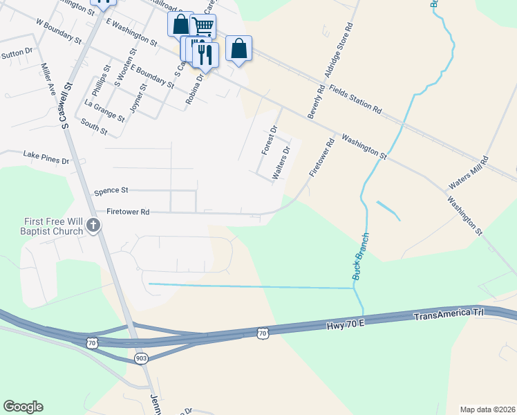 map of restaurants, bars, coffee shops, grocery stores, and more near 606 Firetower Road in La Grange