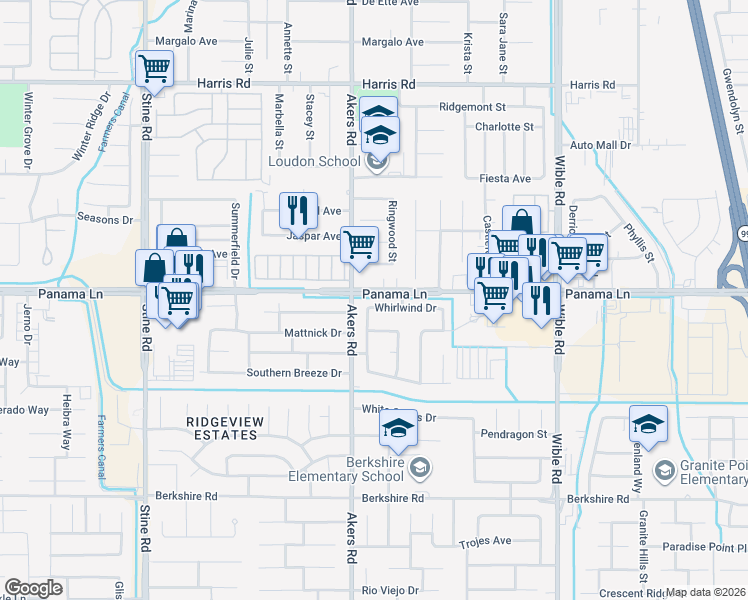 map of restaurants, bars, coffee shops, grocery stores, and more near 4000 Whirlwind Drive in Bakersfield