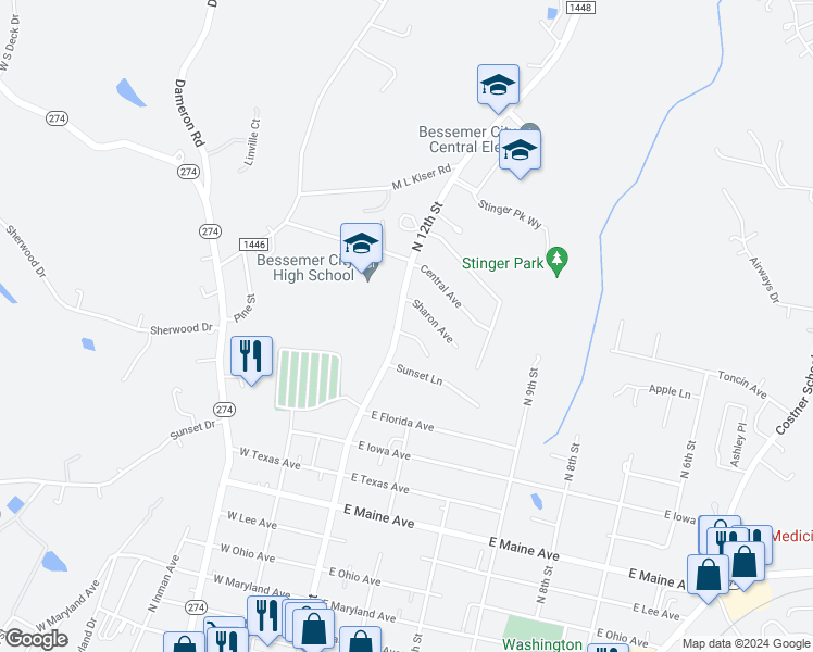 map of restaurants, bars, coffee shops, grocery stores, and more near 101 Chadwick Court in Bessemer City