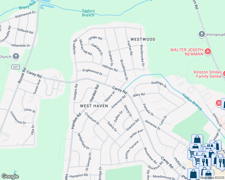 map of restaurants, bars, coffee shops, grocery stores, and more near 2405 Sparre Drive in Kinston
