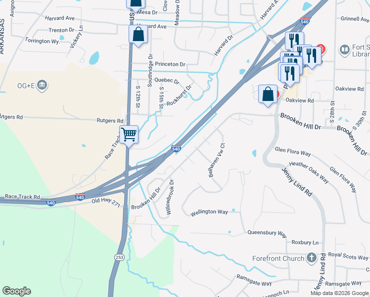 map of restaurants, bars, coffee shops, grocery stores, and more near 93 Stirling Circle in Fort Smith