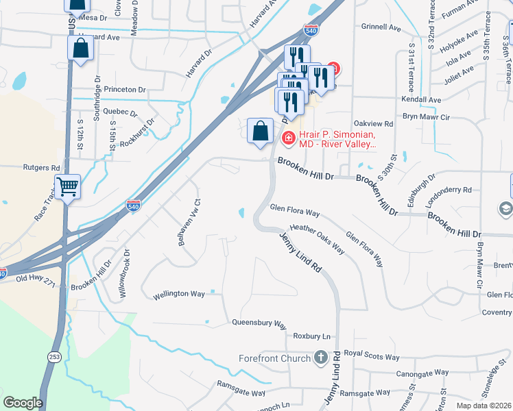 map of restaurants, bars, coffee shops, grocery stores, and more near 9424 Jenny Lind Road in Fort Smith