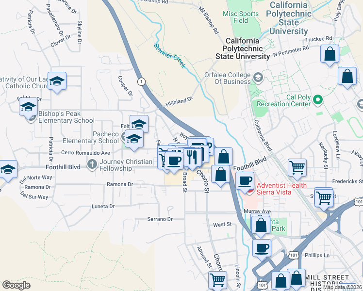 map of restaurants, bars, coffee shops, grocery stores, and more near 284 North Chorro Street in San Luis Obispo