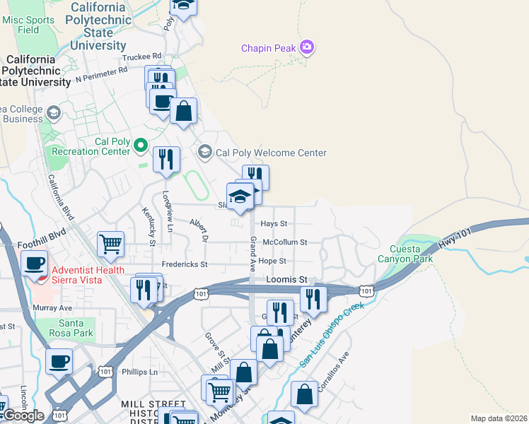 map of restaurants, bars, coffee shops, grocery stores, and more near 1843 Hays Street in San Luis Obispo
