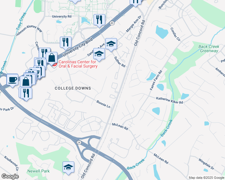 map of restaurants, bars, coffee shops, grocery stores, and more near 9409 Old Concord Road in Charlotte