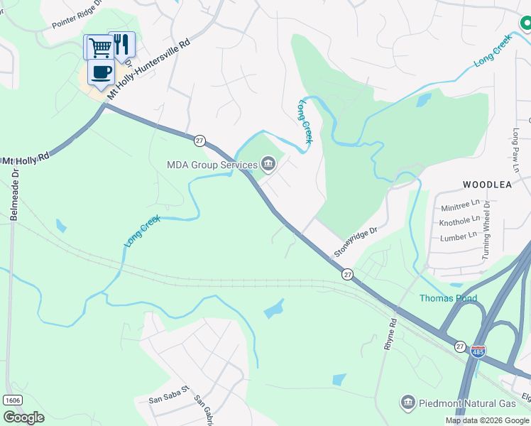 map of restaurants, bars, coffee shops, grocery stores, and more near 10321 Mount Holly Road in Charlotte