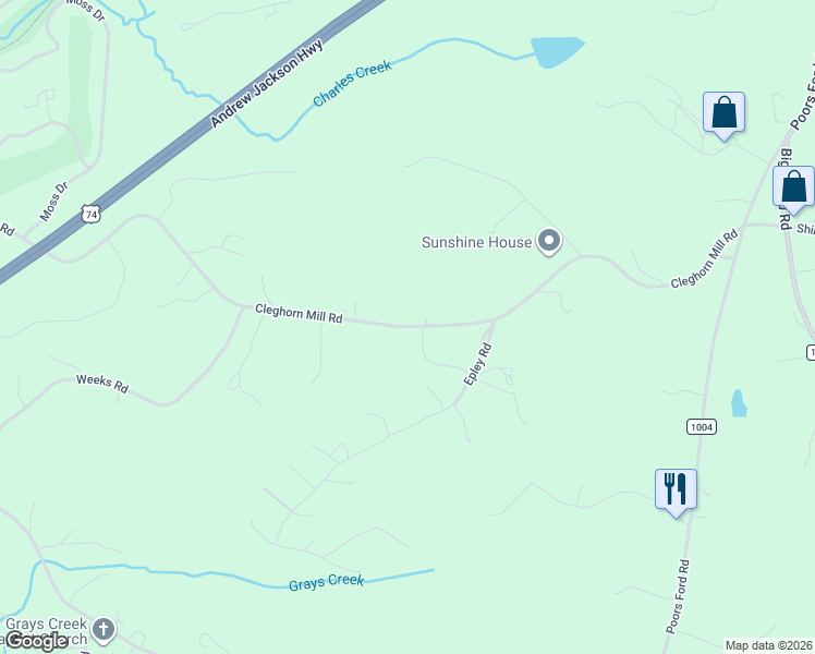 map of restaurants, bars, coffee shops, grocery stores, and more near 544 Cleghorn Mill Road in Rutherfordton