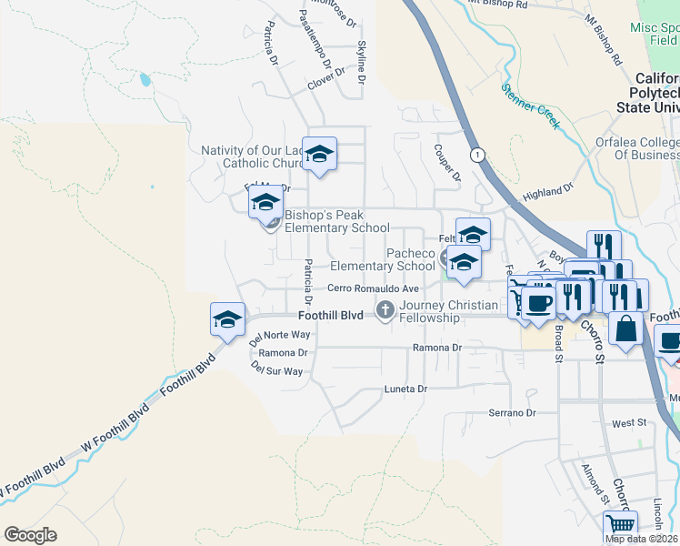 map of restaurants, bars, coffee shops, grocery stores, and more near 261 Craig Way in San Luis Obispo