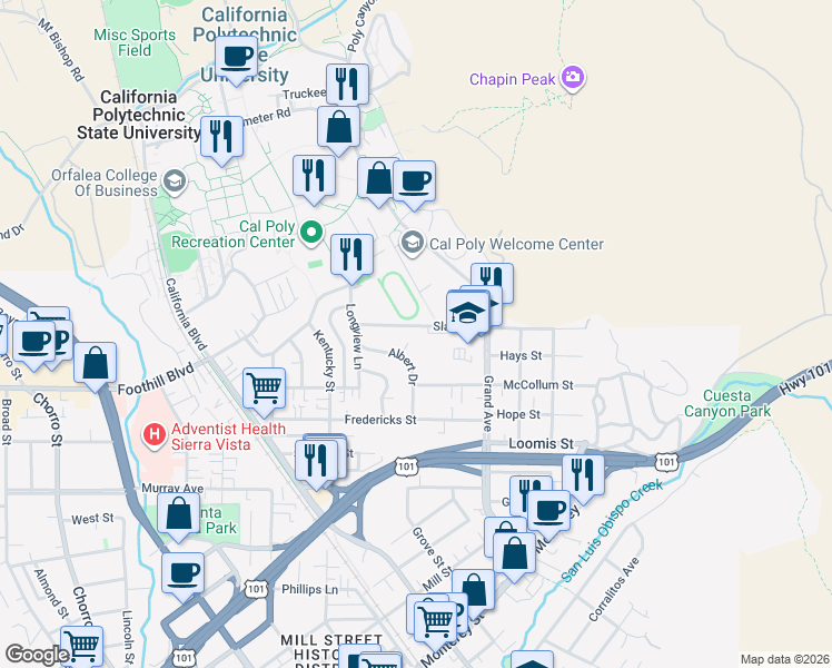 map of restaurants, bars, coffee shops, grocery stores, and more near 1555 Slack Street in San Luis Obispo