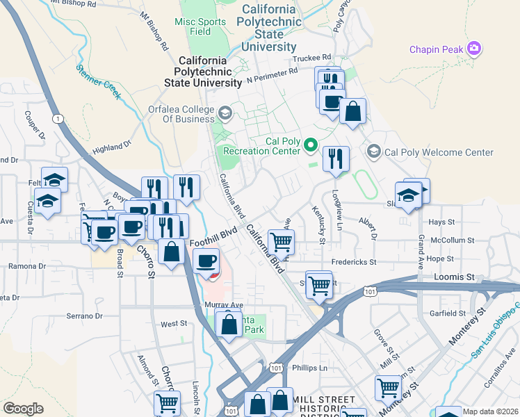 map of restaurants, bars, coffee shops, grocery stores, and more near 1236 Monte Vista Place in San Luis Obispo