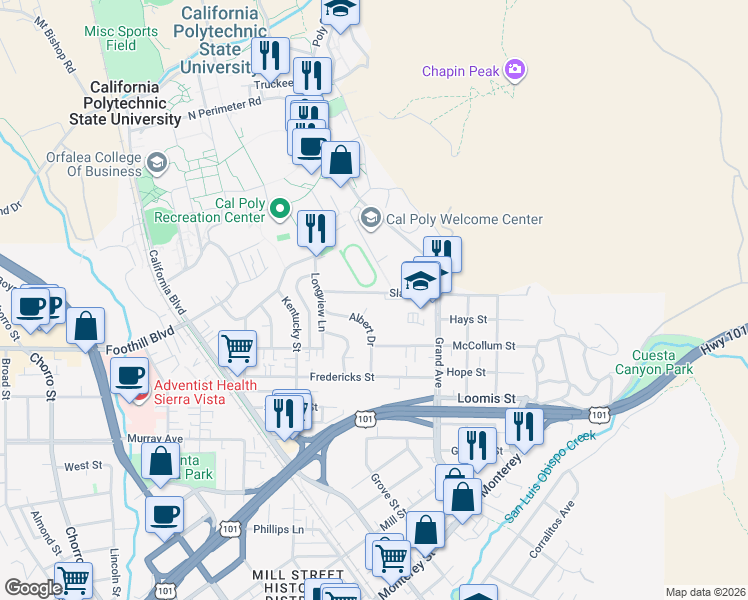 map of restaurants, bars, coffee shops, grocery stores, and more near 1555 Slack Street in San Luis Obispo