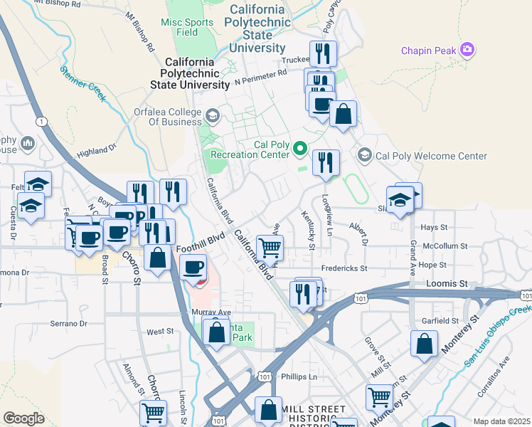 map of restaurants, bars, coffee shops, grocery stores, and more near 1304 Foothill Boulevard in San Luis Obispo