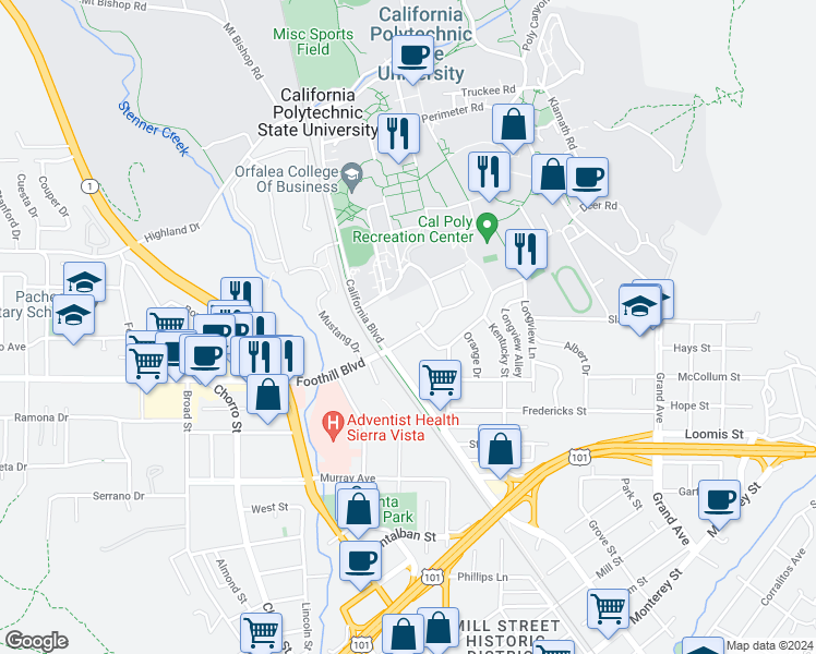 map of restaurants, bars, coffee shops, grocery stores, and more near 1236 Monte Vista Place in San Luis Obispo