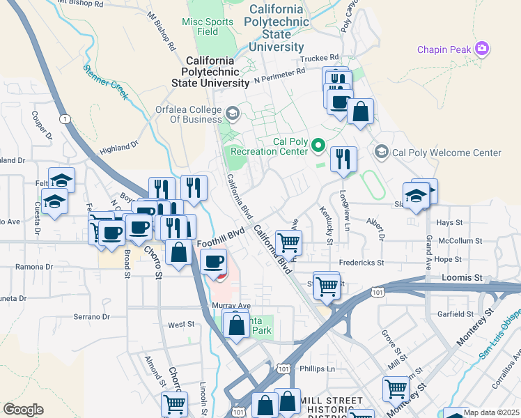 map of restaurants, bars, coffee shops, grocery stores, and more near 1236 Monte Vista Place in San Luis Obispo