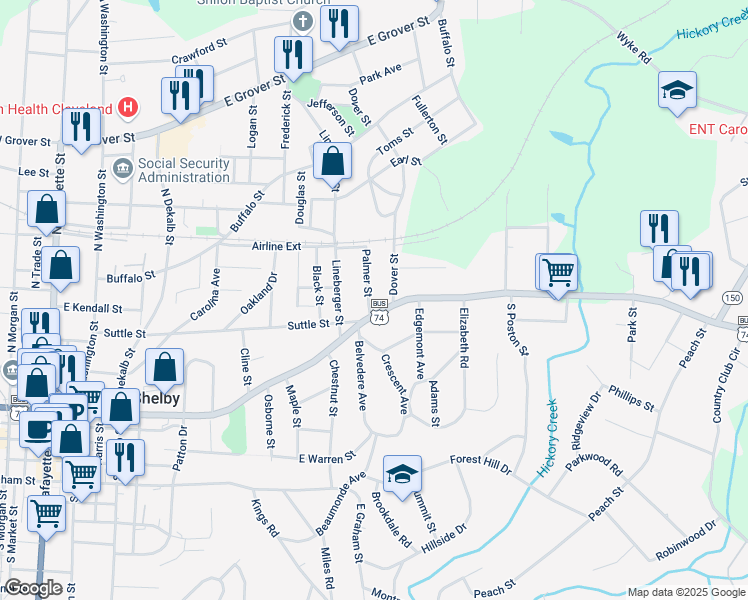 map of restaurants, bars, coffee shops, grocery stores, and more near 116 Palmer Street in Shelby