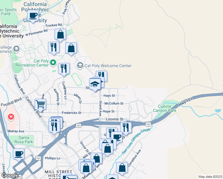 map of restaurants, bars, coffee shops, grocery stores, and more near 110 Graves Avenue in San Luis Obispo