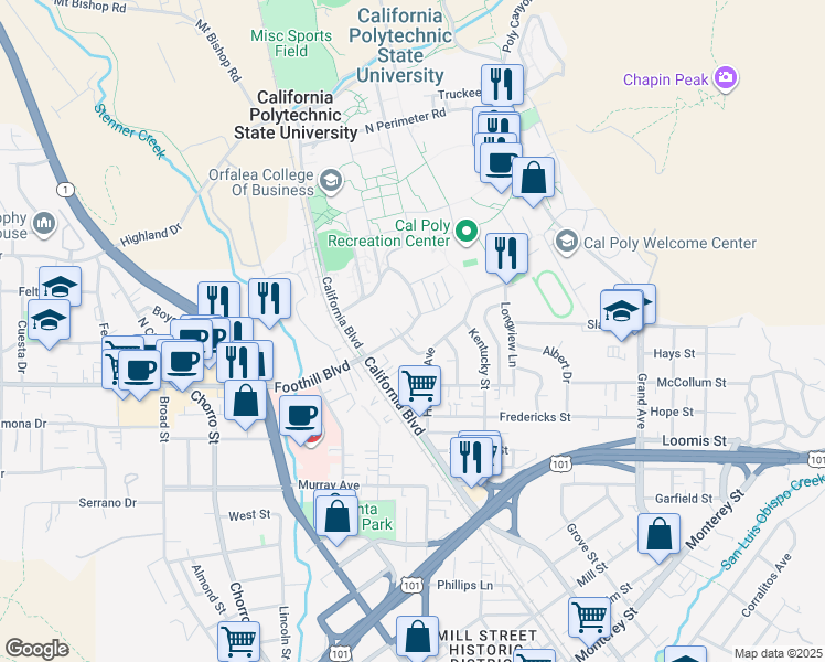 map of restaurants, bars, coffee shops, grocery stores, and more near 1304 Foothill Boulevard in San Luis Obispo