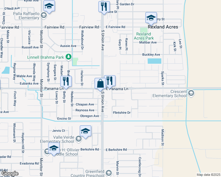 map of restaurants, bars, coffee shops, grocery stores, and more near 1515 East Panama Lane in Bakersfield